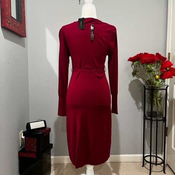 NEW BCBGMAXAZRIA Belted Tailored Plunge Midi Sweater Dress Crimson Red Small NWT - Picture 5 of 15